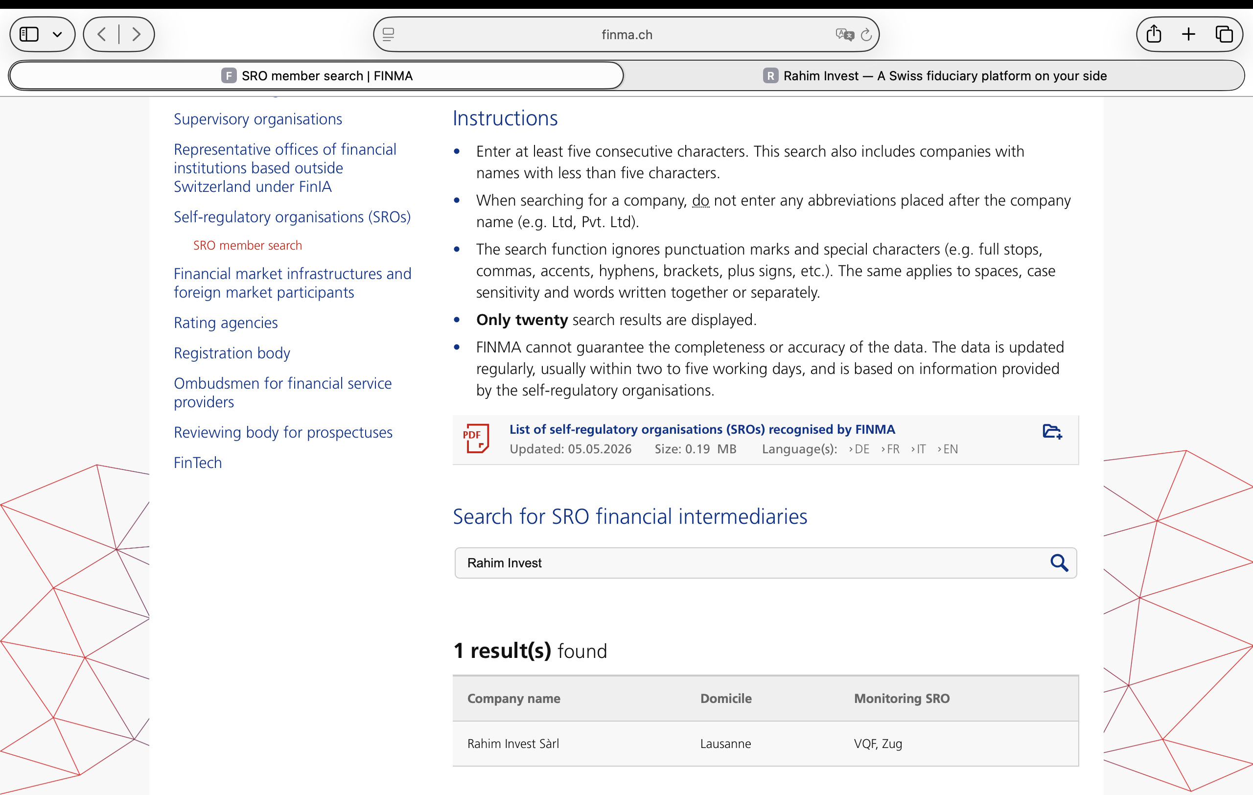 FINMA SRO member search — Rahim Invest Sàrl, Lausanne, VQF Zug